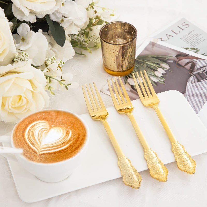 Ciaell 200PCS Heavy Duty Plastic Forks - 7.48 Inch Heavyweight Gold Forks - Disposable Dessert Forks Perfect for Parties & Weddings & Dinners - Image 3
